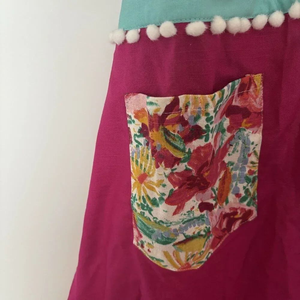 Opalhouse Cooking Apron Floral Pink Pom Pom‎ Cotton Pockets Boho Preppy Summer